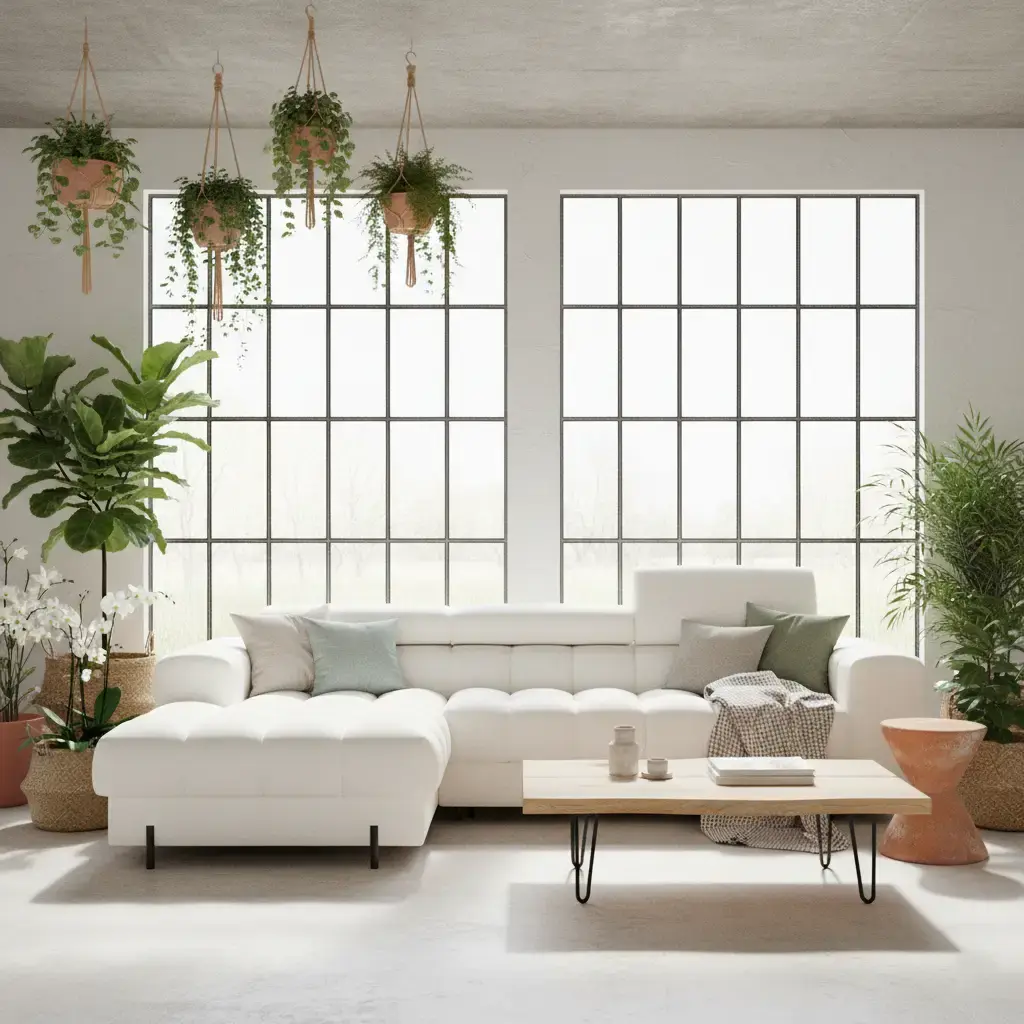 Nowoczesny salon z narożnikiem Felro Amore01 w wersji lewej, utrzymany w jasnej kolorystyce i pełen naturalnego światła. Duże przeszklenia, zielone rośliny oraz minimalistyczne dodatki tworzą świeżą i przytulną przestrzeń.