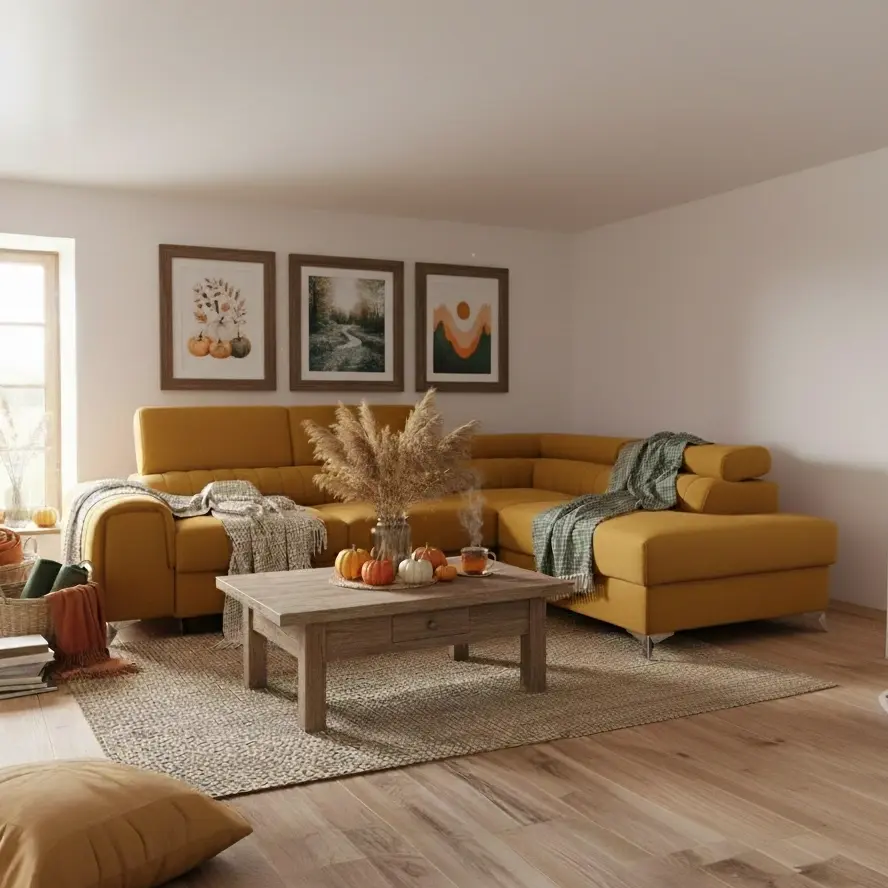 Narożnik z funkcją spania Laurence w musztardowym kolorze, mebel miesiąca w ELTAP na listopad – styl i wygoda w jednym.