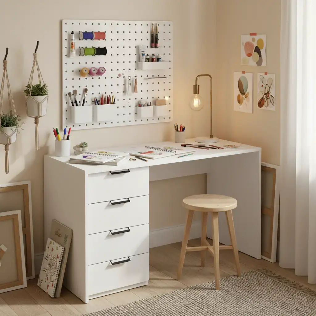 Białe biurko Barold 120x60 z czterema szufladami ustawione w kreatywnej pracowni, z organizerem ściennym na akcesoria, lampką biurkową i miejscem do rysowania oraz pracy twórczej.