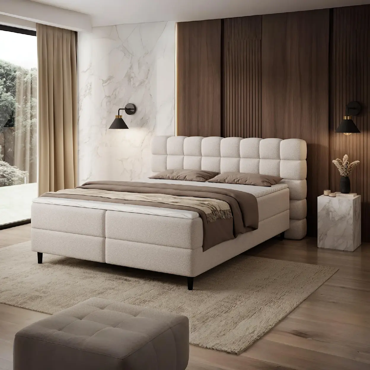 Inspiracyjny widok łóżka kontynentalnego Camma w tkaninie Paolli 18, idealny mebel dla rodzin szukających wygody i elegancji w sypialni.