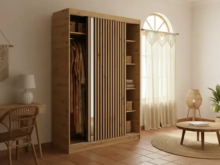 Szafa Emerio II w kolorze dąb artisan z przesuwnymi drzwiami z lamelami i lustrem w jasnej sypialni z dużym oknem, oferująca funkcjonalne półki oraz drążek na ubrania.