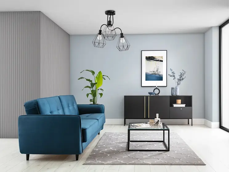 Dywan Elsher Grey RU-ELS-GR_120x180, wersalka Bellis SO-BEL-77MO, Komoda Lanzzi 180x40cm SF-LAN-B-KOM180, stolik Merala TA-MER-GLAS, żyrandol Bendinni LA-BEN-CH3-B [pomieszczenie 1600:1200 KWADRAT]