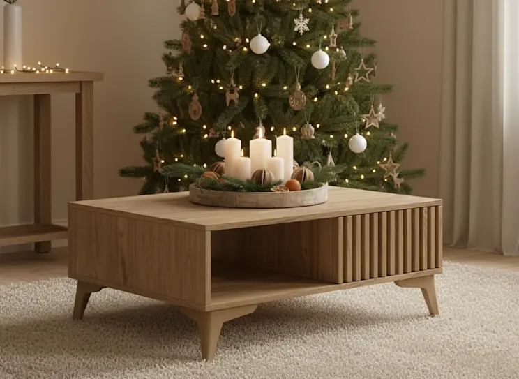 Stolik kawowy Entsian z naturalnego drewna w świątecznej aranżacji z choinką i świecami, tworzący ciepły, przytulny klimat salonu.