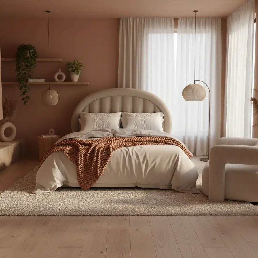 Przytulna aranżacja boho z łóżkiem Tapedo, beżowymi tkaninami, roślinami i miękkim światłem z dużych okien.