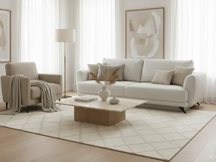 Kanapa Megis w tkaninie Royal 18 w beżowym kolorze, zaprezentowana w przytulnej aranżacji salonu o spokojnym charakterze.