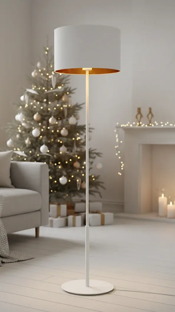 Lampa stojąca Vespillo w jasnym, świątecznym salonie z choinką i kominkiem, tworząca ciepłe, nastrojowe oświetlenie zimowych wieczorów.