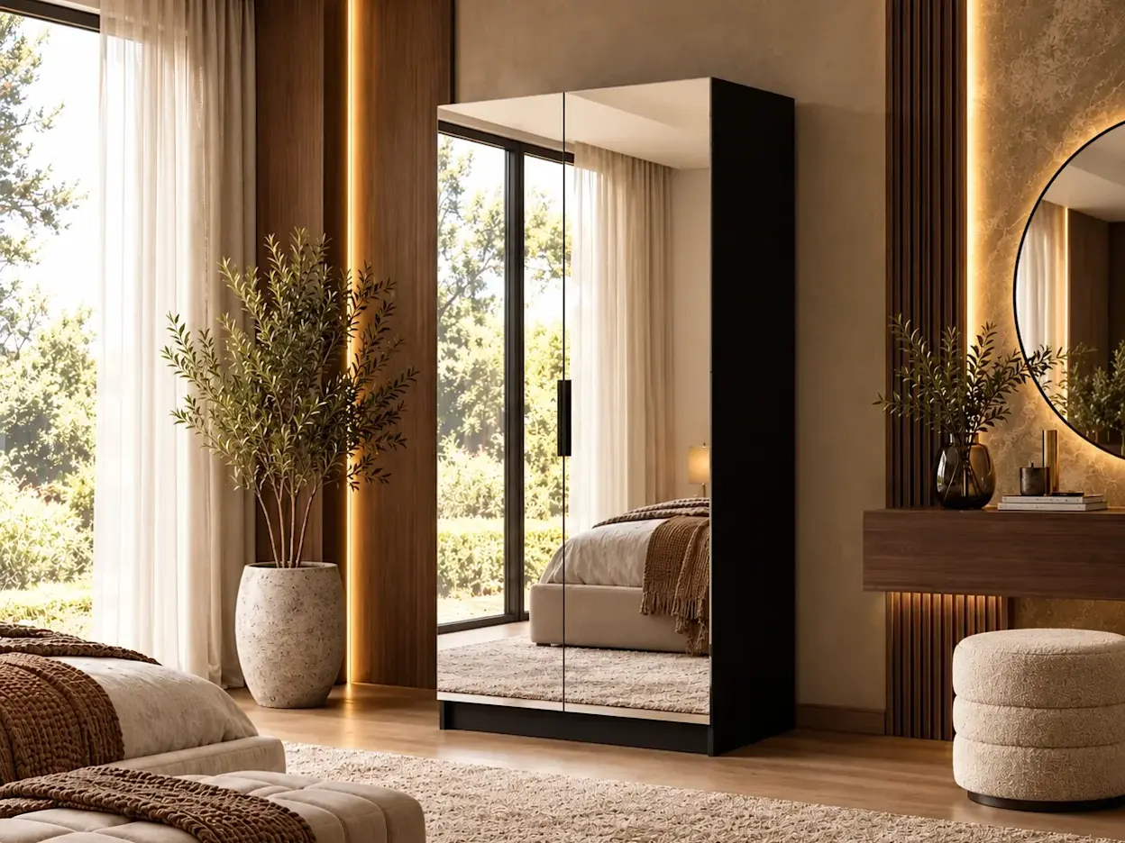 Szafa Mirtillo II z dwoma lustrzanymi frontami w ciepłej sypialni modern luxury z drewnem, beżami, miękkimi tkaninami, roślinami i subtelnym światłem LED.