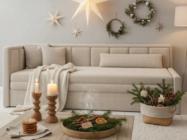 Kanapa Fulego Jarell 18 w jasnym, naturalnym wnętrzu udekorowanym na święta, z gwiazdami, wieńcami i ciepłym światłem świec.