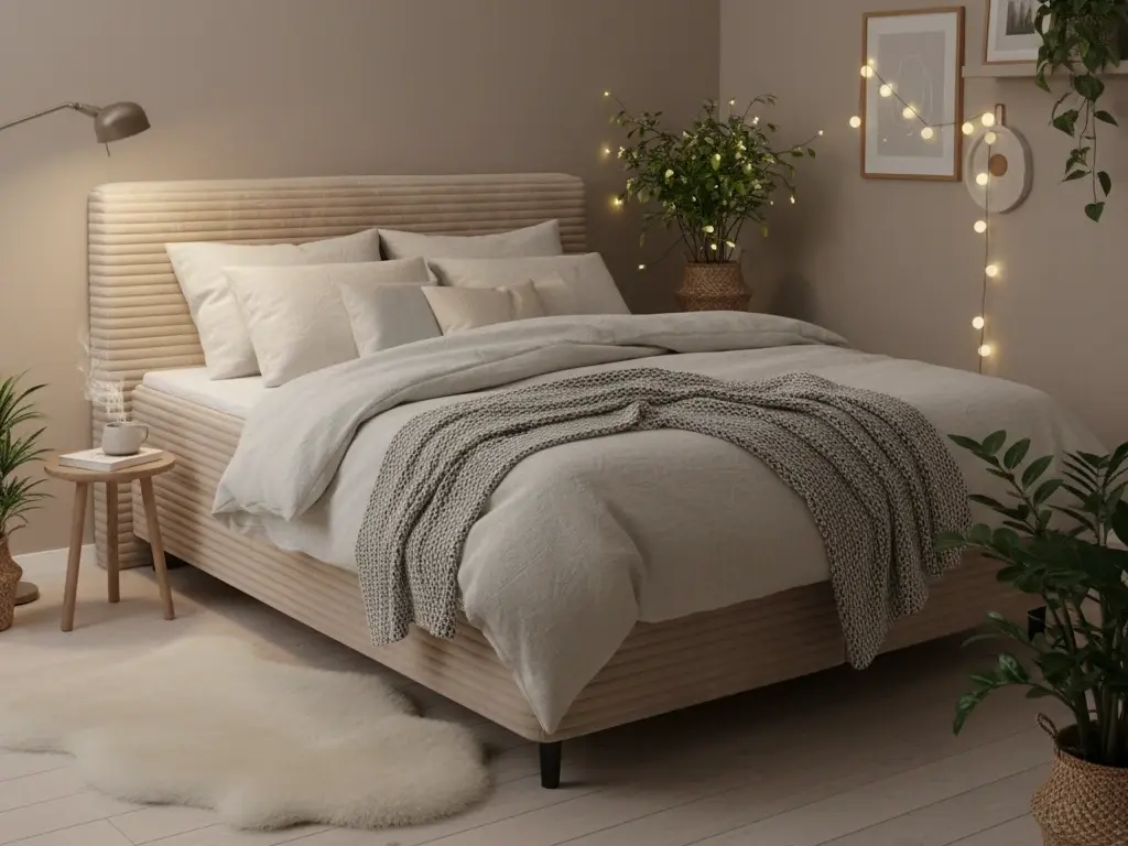 Beżowe łóżko Cortiko w tkaninie Modullo 20, zaprezentowane w przytulnej sypialni z ciepłym oświetleniem i naturalnymi dodatkami.