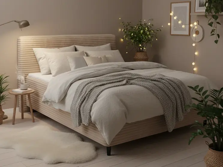 Beżowe łóżko Cortiko w tkaninie Modullo 20, zaprezentowane w przytulnej sypialni z ciepłym oświetleniem i naturalnymi dodatkami.