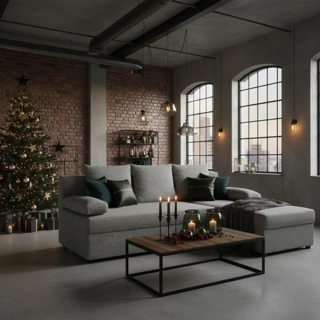 Narożnik Gino Sawana 21 w loftowym salonie z ceglaną ścianą, dużymi oknami i świąteczną choinką, tworzący elegancki, zimowy klimat.