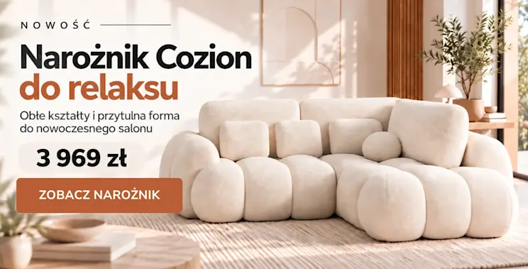 Baner promujący narożnik Cozion w jasnej aranżacji salonu, z obłymi kształtami, ceną 3 969 zł i przyciskiem Zobacz narożnik