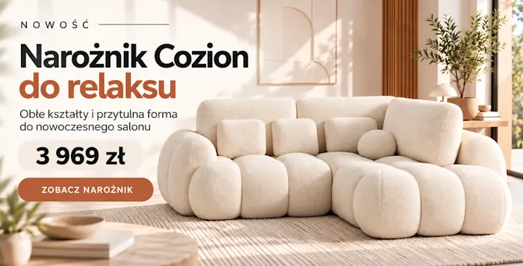 Baner promujący narożnik Cozion w jasnej aranżacji salonu, z obłymi kształtami, ceną 3 969 zł i przyciskiem Zobacz narożnik