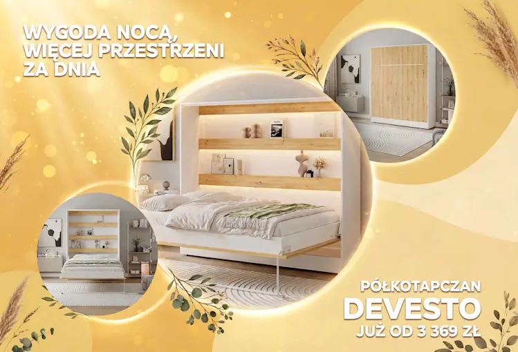 Półkotapczan Devesto w bieli i dekorze dębu artisan, pokazany jako łóżko oraz zamknięta szafa w jasnej aranżacji sypialni