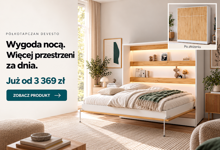 Półkotapczan Devesto w bieli i dekorze dębu artisan, pokazany jako łóżko oraz zamknięta szafa w jasnej aranżacji sypialni