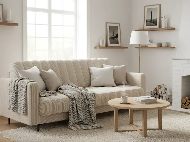 Beżowa kanapa Roneyy w tkaninie Jarell 18, zaprezentowana w jasnym salonie z drewnianym stolikiem, miękkim dywanem i naturalnymi dodatkami.