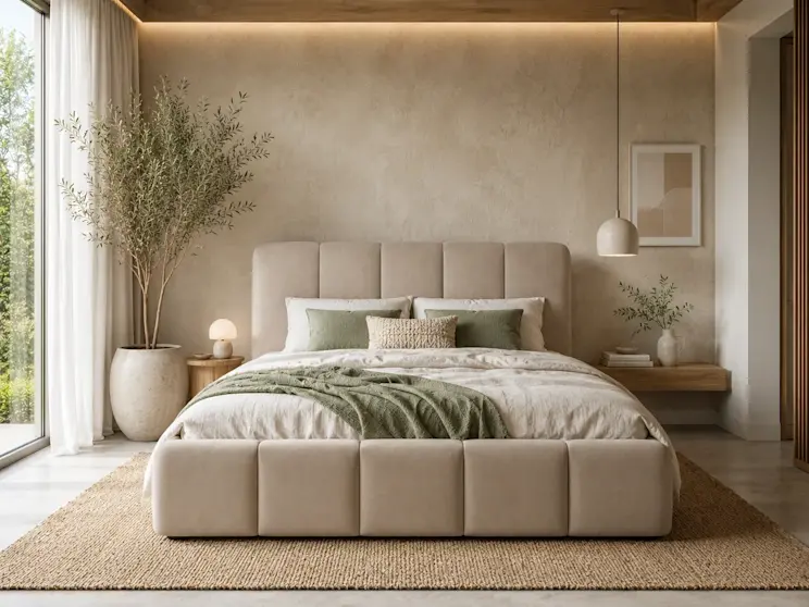 Beżowe łóżko Edvige w tkaninie Jasmine 22 prezentowane w eleganckiej sypialni inspirowanej naturalnymi materiałami. Wysoki zagłówek z pionowymi podziałami, tapicerowana rama oraz stonowana kolorystyka tworzą harmonijną przestrzeń sprzyjającą relaksowi i komfortowemu wypoczynkowi.