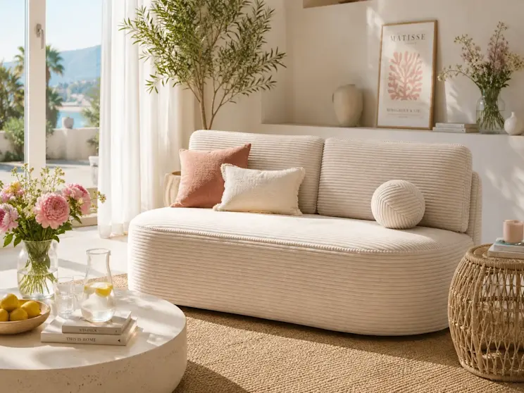 Sofa Lilana o miękkich, obłych liniach ustawiona w przestronnym salonie z naturalnymi dekoracjami, plecionym stolikiem pomocniczym oraz kwiatami. Jasna tapicerka optycznie rozświetla wnętrze i nadaje mu elegancki wygląd.