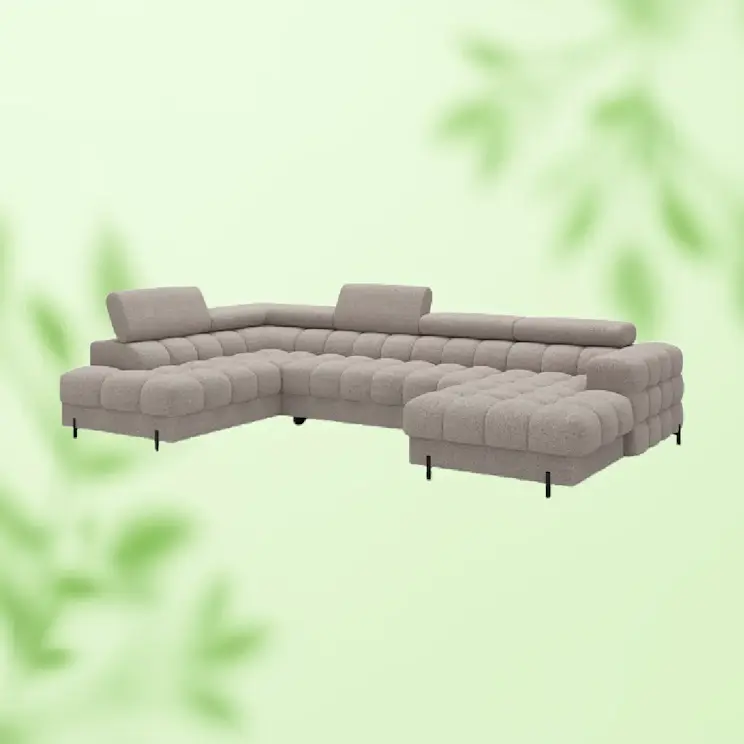 Nowoczesny narożnik Feraria z pikowanym siedziskiem i regulowanymi zagłówkami. Duży mebel wypoczynkowy do salonu zapewniający wygodną przestrzeń do relaksu dla całej rodziny.