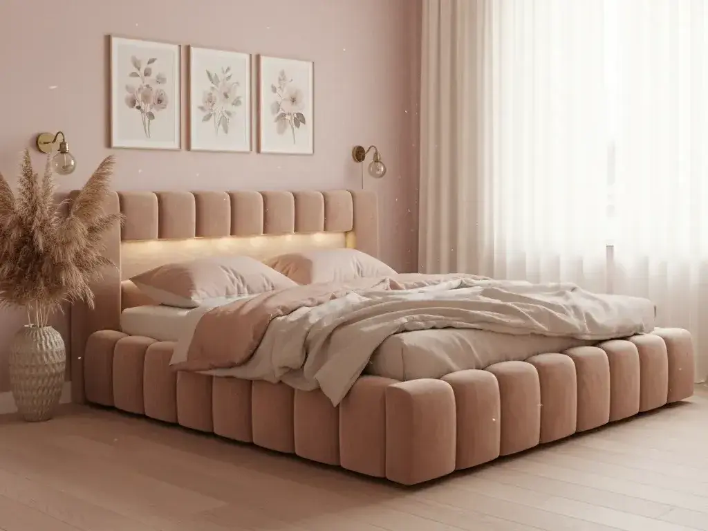 Nowoczesne łóżko Lamica Monolith 09 z tapicerowanym zagłówkiem i miękką ramą łóżka, w eleganckiej aranżacji sypialni z różową ścianą, obrazami oraz naturalnymi dodatkami.