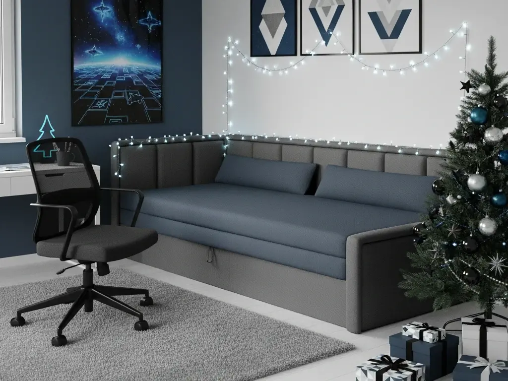 Kanapa Fulgeo w pokoju nastolatka, udekorowanym świątecznymi lampkami i choinką, w nowoczesnej aranżacji utrzymanej w granatowo-szarej palecie.