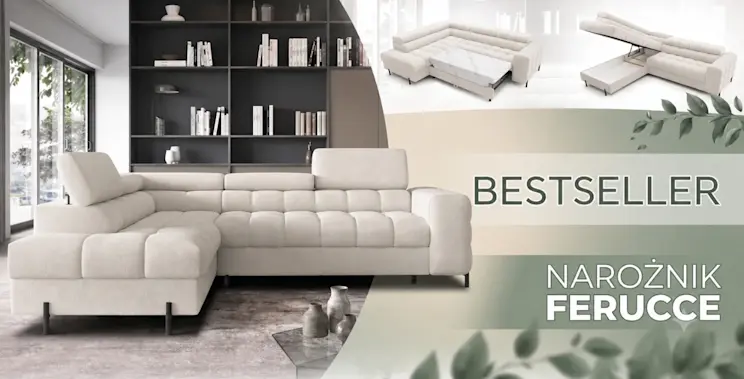 Pokazanie bestsellerowego narożnika Ferucce Na grafice widoczny jest jasny narożnik z miękkimi siedziskami, regulowanymi zagłówkami oraz prezentacją funkcji spania i pojemnika na pościel.