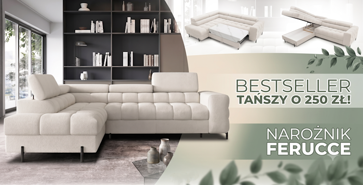 Narożnik Ferucce w nowoczesnym salonie z funkcją spania – bestseller ELTAP taniej o 250 zł w kampanii Meble Wiosny!