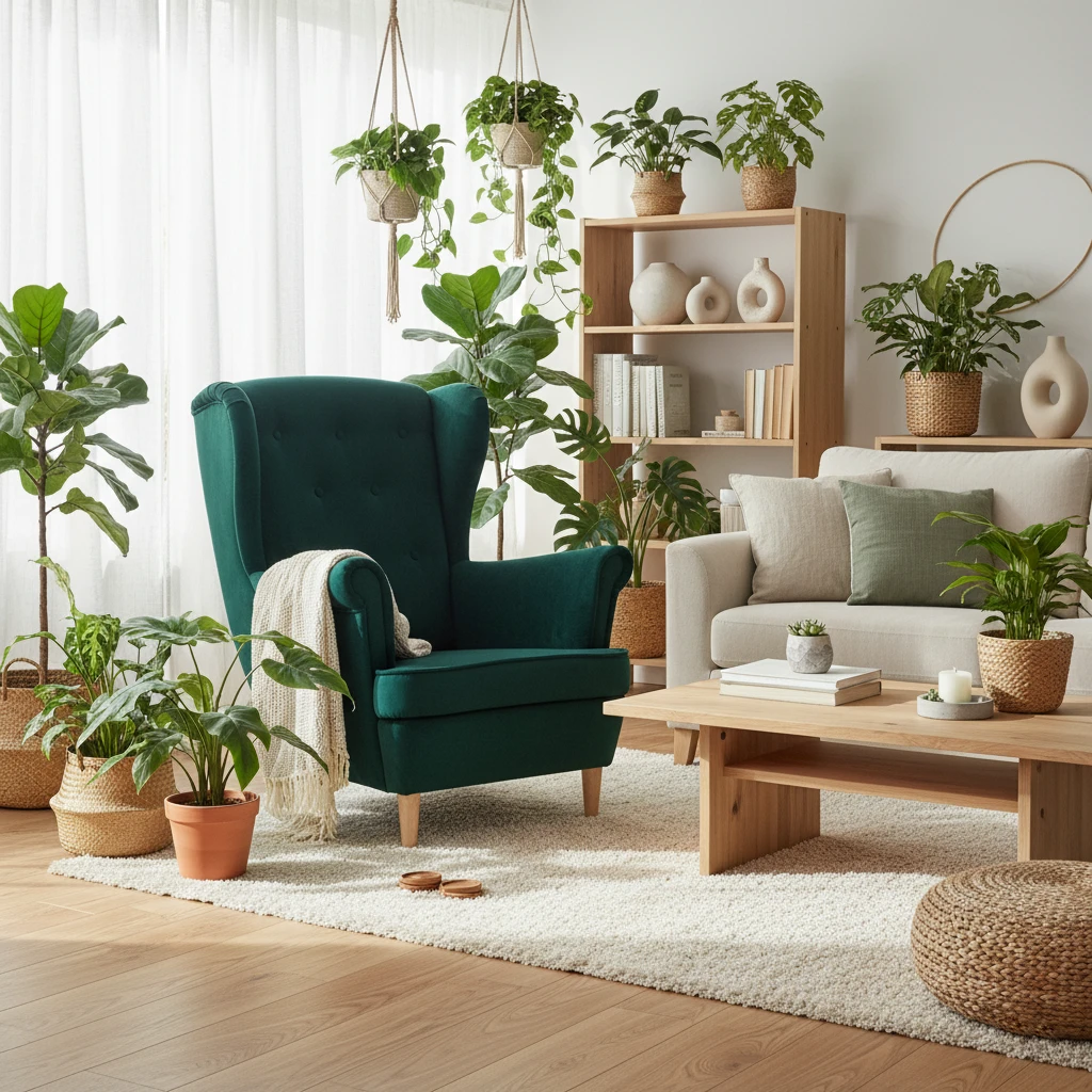 Fotel uszak Aros w tkaninie Monolith 37 w przytulnym, jasnym salonie pełnym roślin, naturalnego drewna i miękkich tekstyliów.