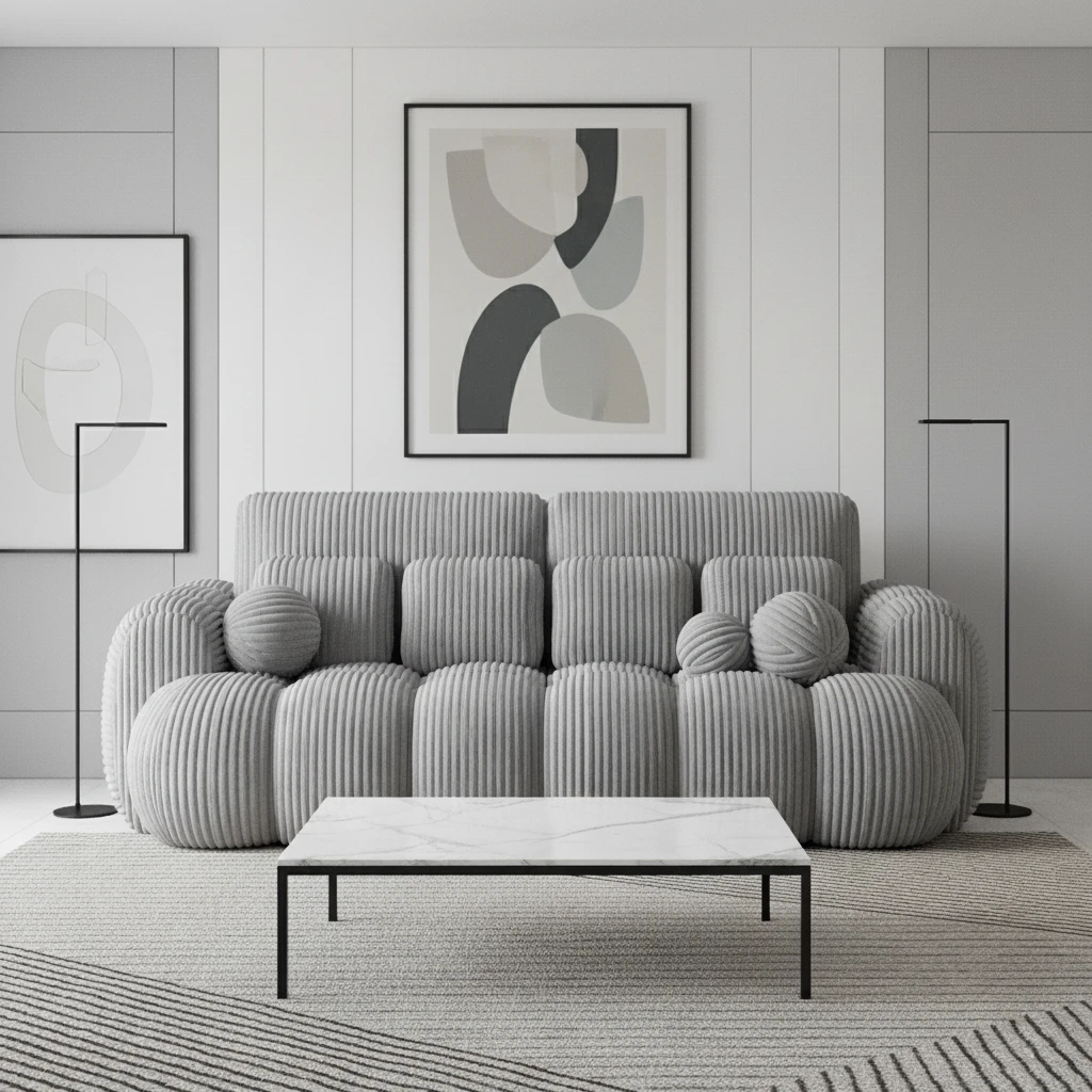 Szara kanapa Cotonn Modullo 03 ustawiona w nowoczesnym wnętrzu z geometrycznym dywanem, abstrakcyjnymi obrazami i czarnymi lampami.