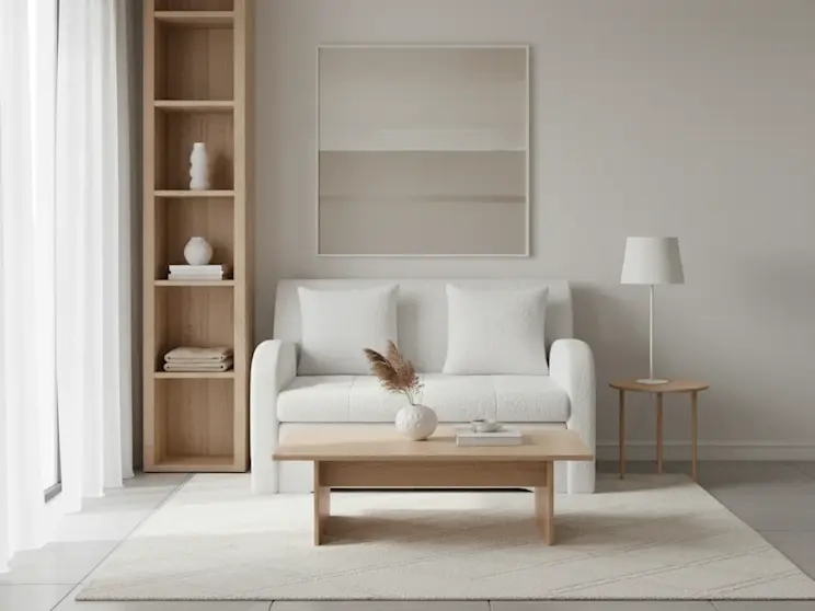 Jasna kanapa Ario Royal 01 w eleganckiej aranżacji soft natural z prostymi formami, drewnem i lekką kolorystyką, idealna do nowoczesnego wnętrza.