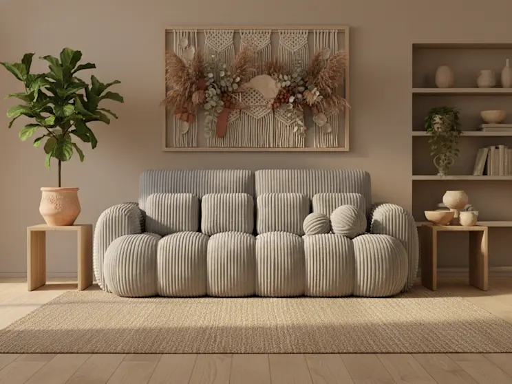 Kanapa Cotonn Modullo 03 w przytulnym, ziemistym salonie boho z dekoracjami z suszonych roślin i minimalistycznymi, drewnianymi stolikami.