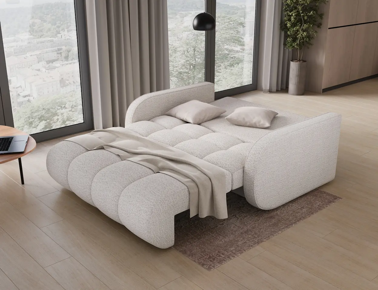 Rozkładana sofa amerykanka Deverio Royal 01 w kolorze jasnym, z funkcją spania, tworzy wygodne miejsce do odpoczynku w salonie.