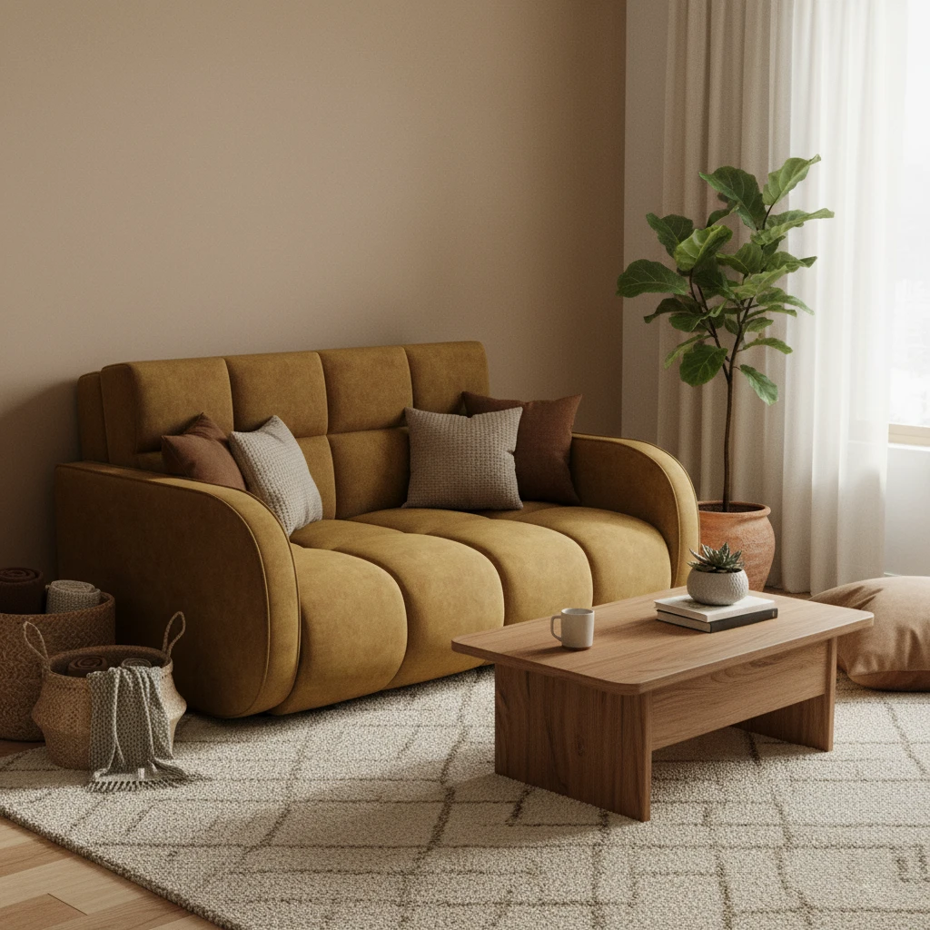 Amerykanka Deverio w tkaninie Aura 45 w ciepłym, naturalnym salonie z rośliną doniczkową, drewnianym stolikiem i beżowym dywanem.