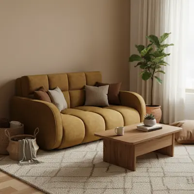 Amerykanka Deverio w tkaninie Aura 45 w ciepłym, naturalnym salonie z rośliną doniczkową, drewnianym stolikiem i beżowym dywanem.