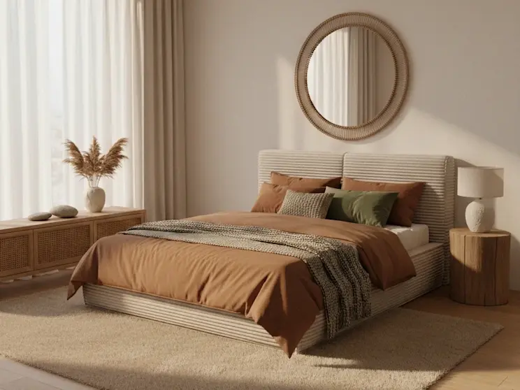 Łóżko Pesillo II Modullo 18 w jasnej aranżacji sypialni z grubym dywanem, rattanowym lustrem na ścianie i brązową pościelą. Obok stoi drewniany stolik z lampą, a okno wpuszcza miękkie światło.
