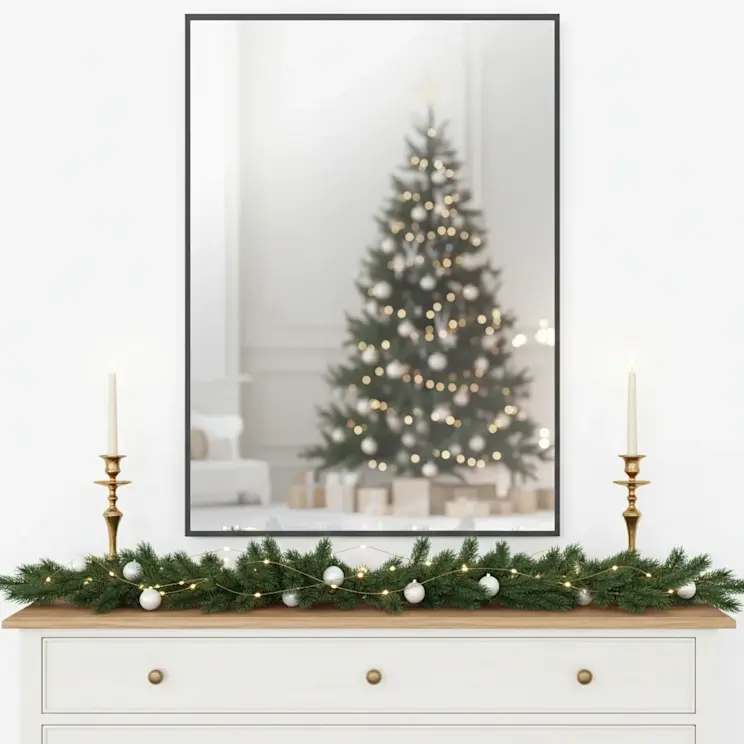 Białe lustro Tressedi w świątecznej aranżacji wnętrza. Odbicie choinki, dekoracyjna girlanda i świeczniki tworzą elegancki klimat.