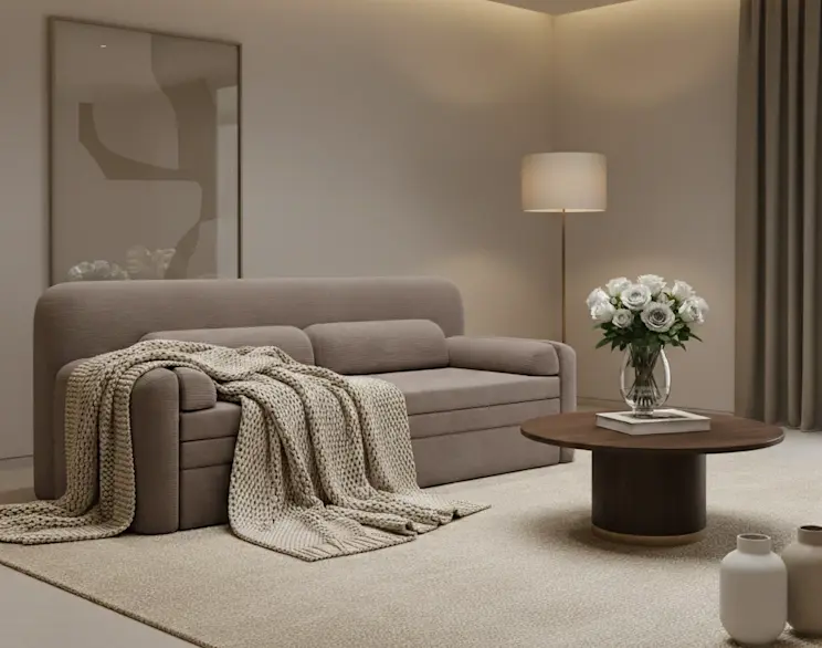 Nowoczesna sofa Elioss Tabbris 22 w ciepłym beżowym odcieniu, ustawiona w jasnym salonie. Widać miękki koc na oparciu, okrągły stolik kawowy z kwiatami oraz lampę stojącą, która tworzy przytulny klimat wnętrza.