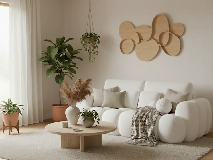 Sofa Cotonn w tkaninie Paolli, zaprezentowana w jasnym, przytulnym salonie z naturalnymi dodatkami i roślinnymi akcentami.