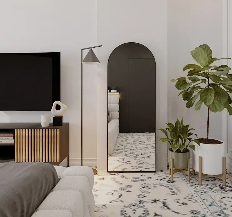 Lustro Divva MI-DI-B-60, łóżko Dizzle BE-DIZ-MET-01ROY_1.6 i szafka RTV Meorati SF-MEO-B-RTVL150 [pomieszczenei MAŁE 824:772