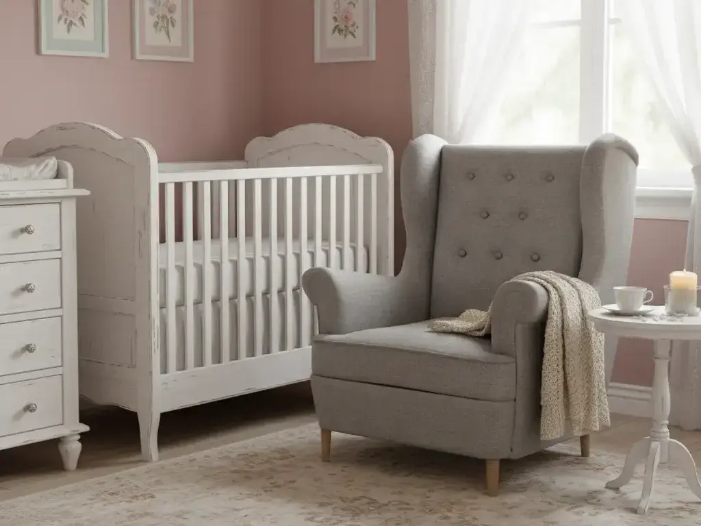 Tapicerowany fotel uszak Aros Sawana 21 w jasnej aranżacji pokoju dziecka z łóżeczkiem, komodą i dekoracyjnymi obrazkami na ścianie.