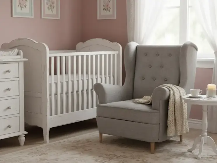 Tapicerowany fotel uszak Aros Sawana 21 w jasnej aranżacji pokoju dziecka z łóżeczkiem, komodą i dekoracyjnymi obrazkami na ścianie.