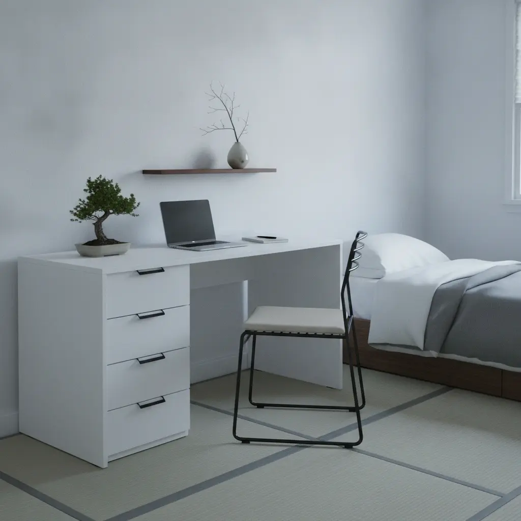 Biurko Barold biały 120x60 z czterema pojemnymi szufladami ustawione w minimalistycznej sypialni. Jasna kolorystyka, prosty design oraz praktyczny blat roboczy tworzą wygodne miejsce do nauki, pracy zdalnej i codziennego korzystania z laptopa.