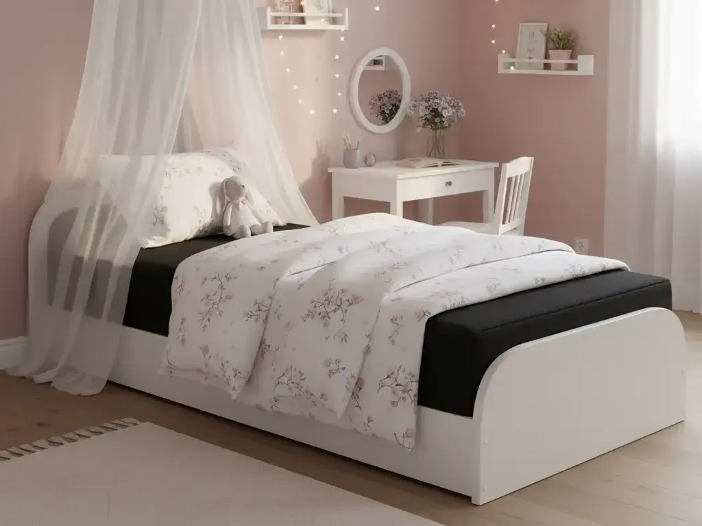 Jednoosobowe łóżko Parys Alova 04 w pokoju dziecięcym z różową ścianą, baldachimem z delikatnej tkaniny oraz dekoracyjnymi półkami i biurkiem tworzącymi przytulną przestrzeń do odpoczynku.