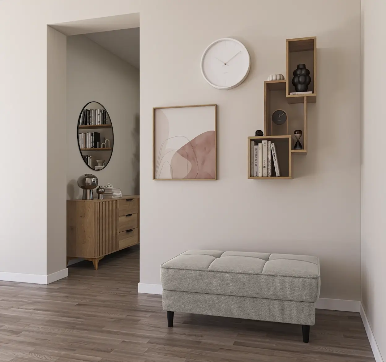 Elegancka aranżacja z półką Alitty, pufą Bellis i komodą Entsian, utrzymana w jasnych barwach, tworząca spokojne i praktyczne wnętrze.