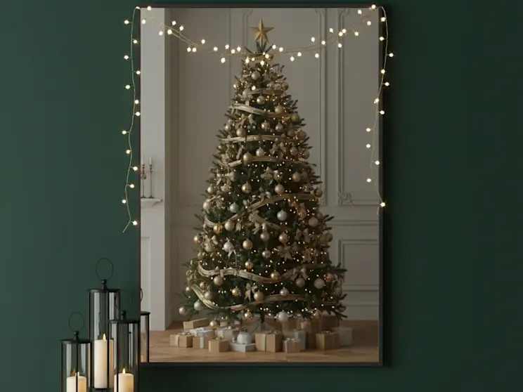 Eleganckie lustro Tressedi, w którym odbija się choinka z prezentami, ustawione we wnętrzu z ciemną zielenią i świątecznymi światełkami.