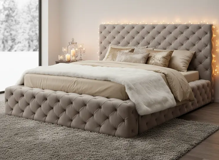 Łóżko Princce 160x200 w tkaninie Sola 18 w eleganckiej, jasnej sypialni ze świątecznymi lampkami i dekoracjami, tworzy przytulny zimowy klimat.