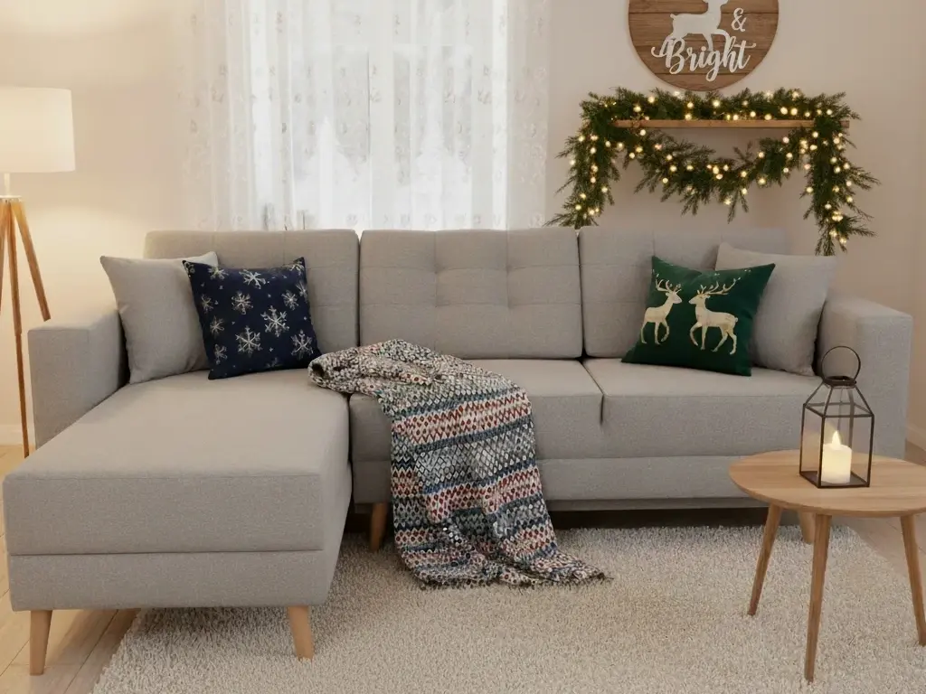 Narożnik Asgard Cover 83 w jasnym, świątecznym salonie z dekoracjami, girlandą i poduszkami w zimowe wzory, tworzący przytulny, rodzinny klimat.