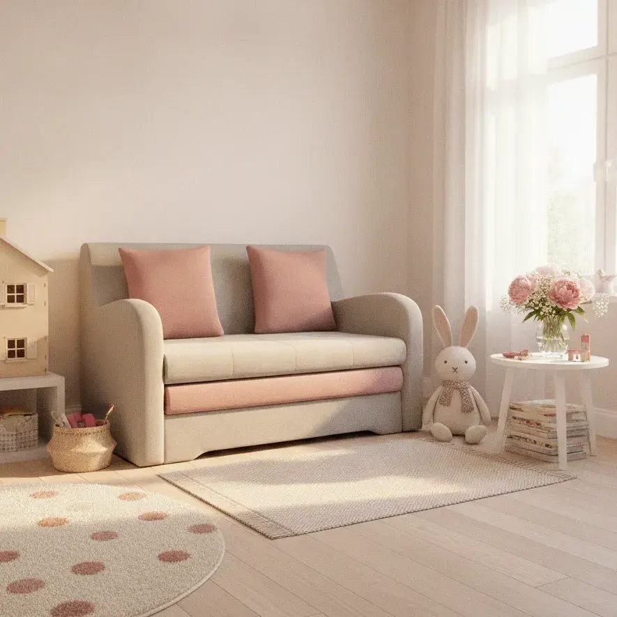 Sofa Ario w jasnoszarym kolorze z pudroworóżowymi akcentami ustawiona w przytulnym pokoju dziecięcym. Pastelowa aranżacja z domkiem dla lalek, dekoracjami oraz miękkim dywanem tworzy komfortową przestrzeń do zabawy i odpoczynku.