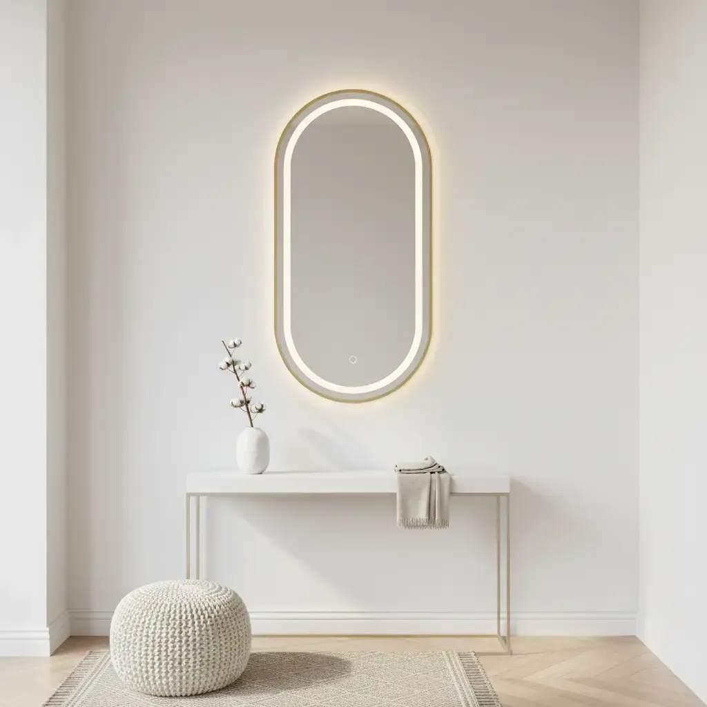 Owalne lustro Micedi L z podświetleniem LED zamontowane nad wąską konsolą w jasnym przedpokoju, tworzące elegancką i funkcjonalną strefę wejściową z nowoczesnym oświetleniem ściennym.