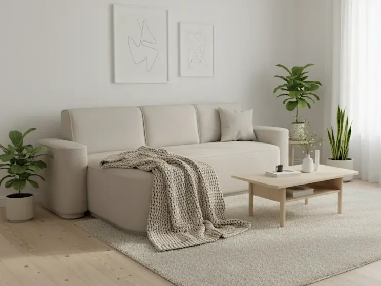 Jasny narożnik Aurumm Amore 01 w minimalistycznym salonie z naturalnym światłem, roślinami i drewnianym stolikiem, tworzący spokojną, domową atmosferę.